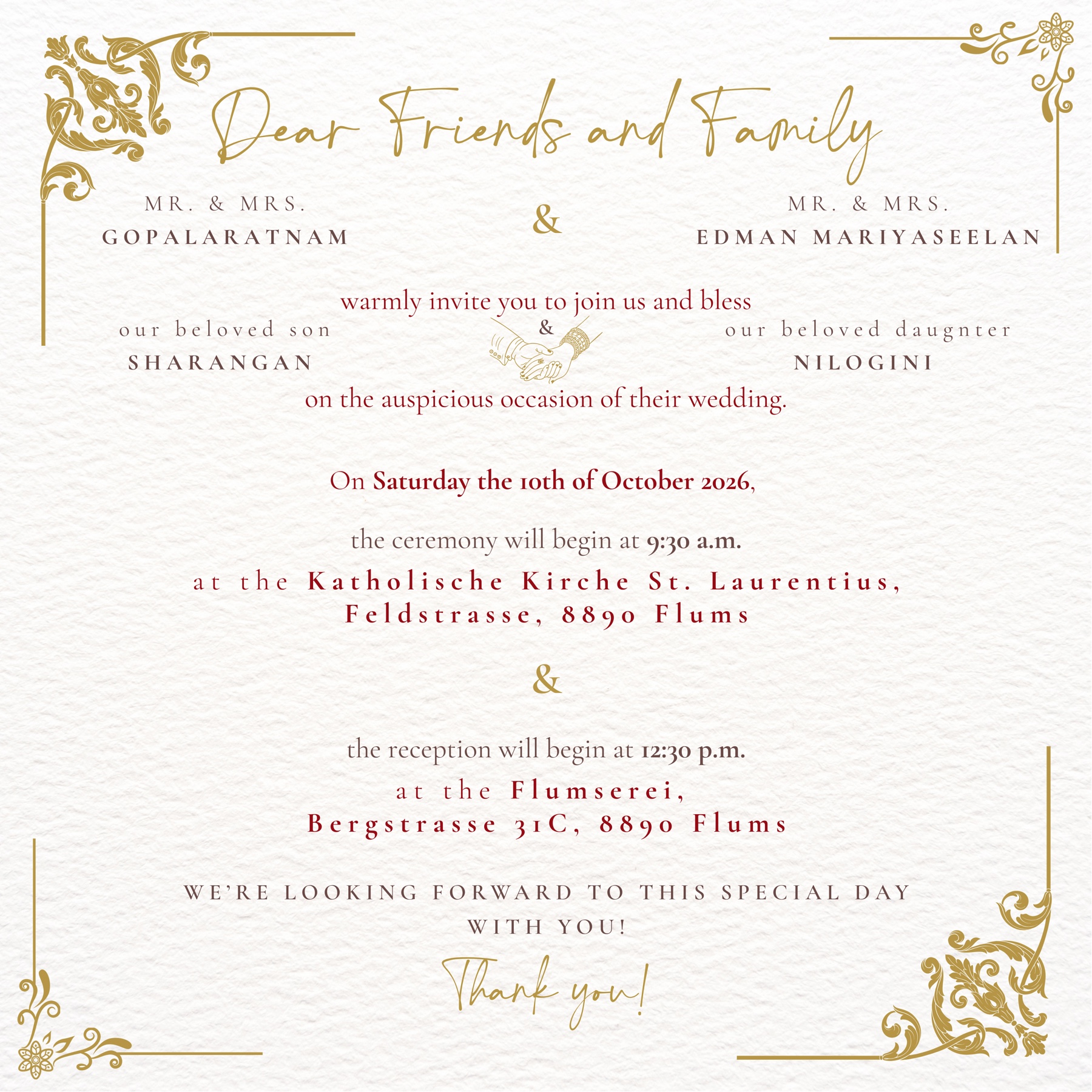 Invitation to Sharangan and Nilogini's wedding on 10 October 2026 in Flums